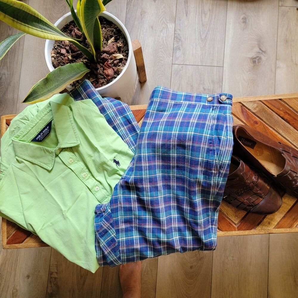 Vintage Corbin Ltd Madras Plaid Side Tab Pants Men 34x29 Five Points Jax FL EUC